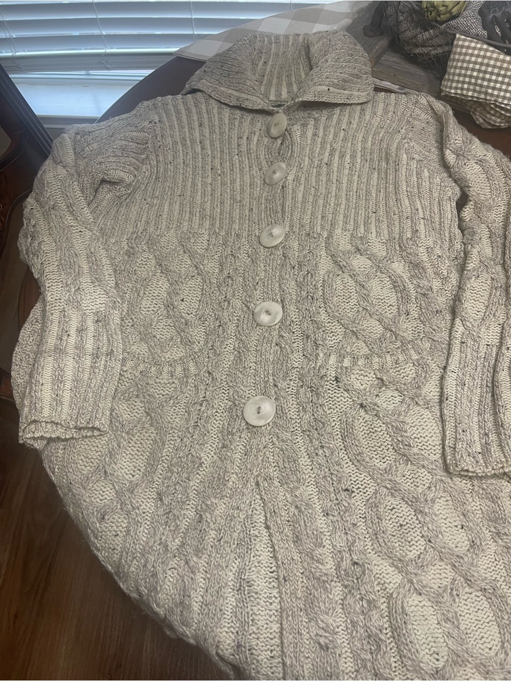 Aran Crafts cable knit fisherman’s cardigan  100% wool FLAWED